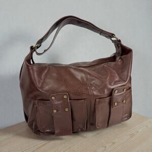 Samsara Brown Faux Leather Shoulder Bag Multi Pocket Brass Utility Large Hobo